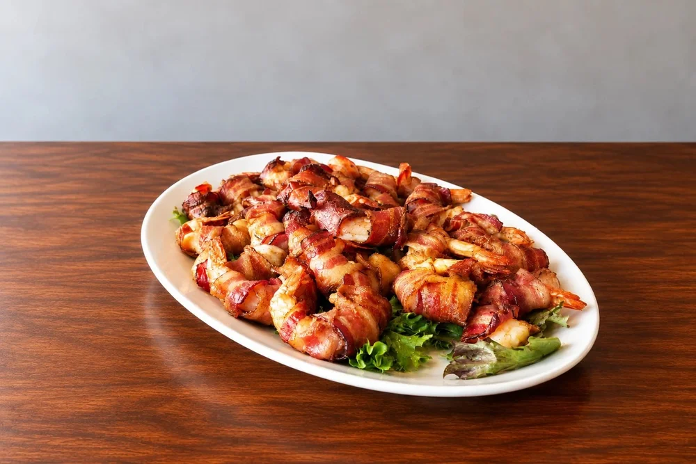 Platter of bacon-wrapped shrimp over greens