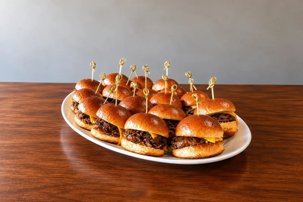 Steak brioche sliders with cheddar on a white platter