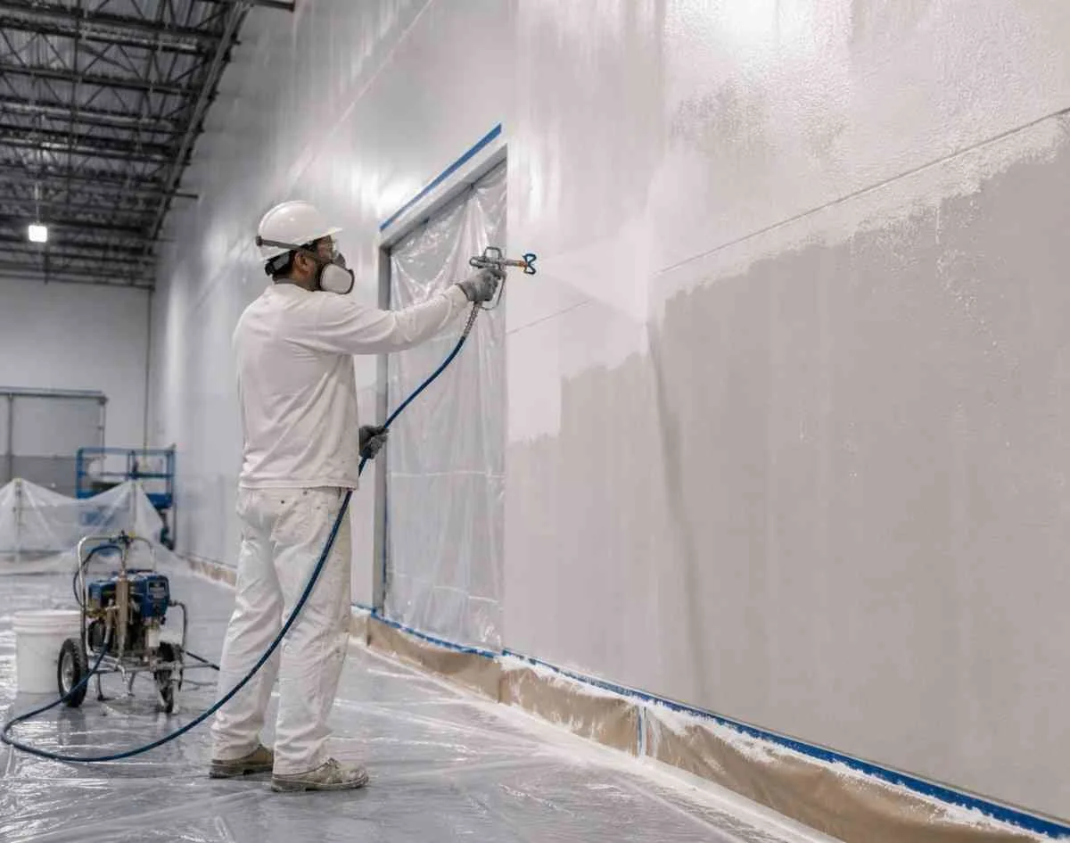 Eagle Crest painter using professional airless spray equipment on a large commercial surface