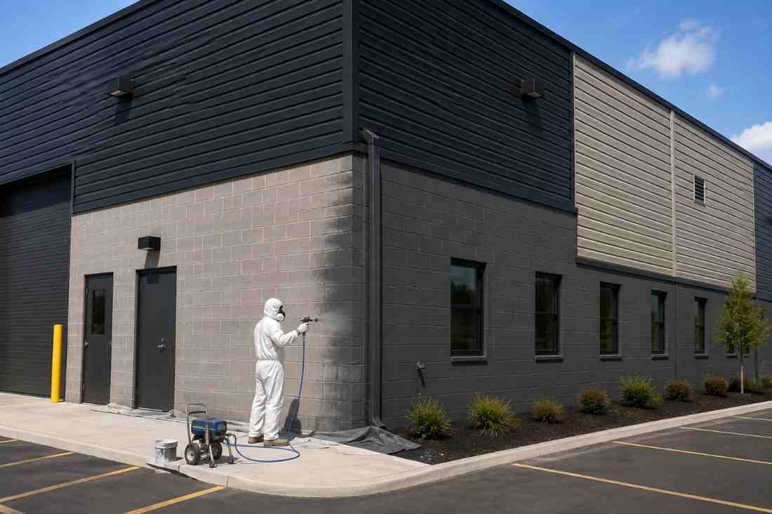 Airless spray painting on exterior siding and masonry by Eagle Crest Painting