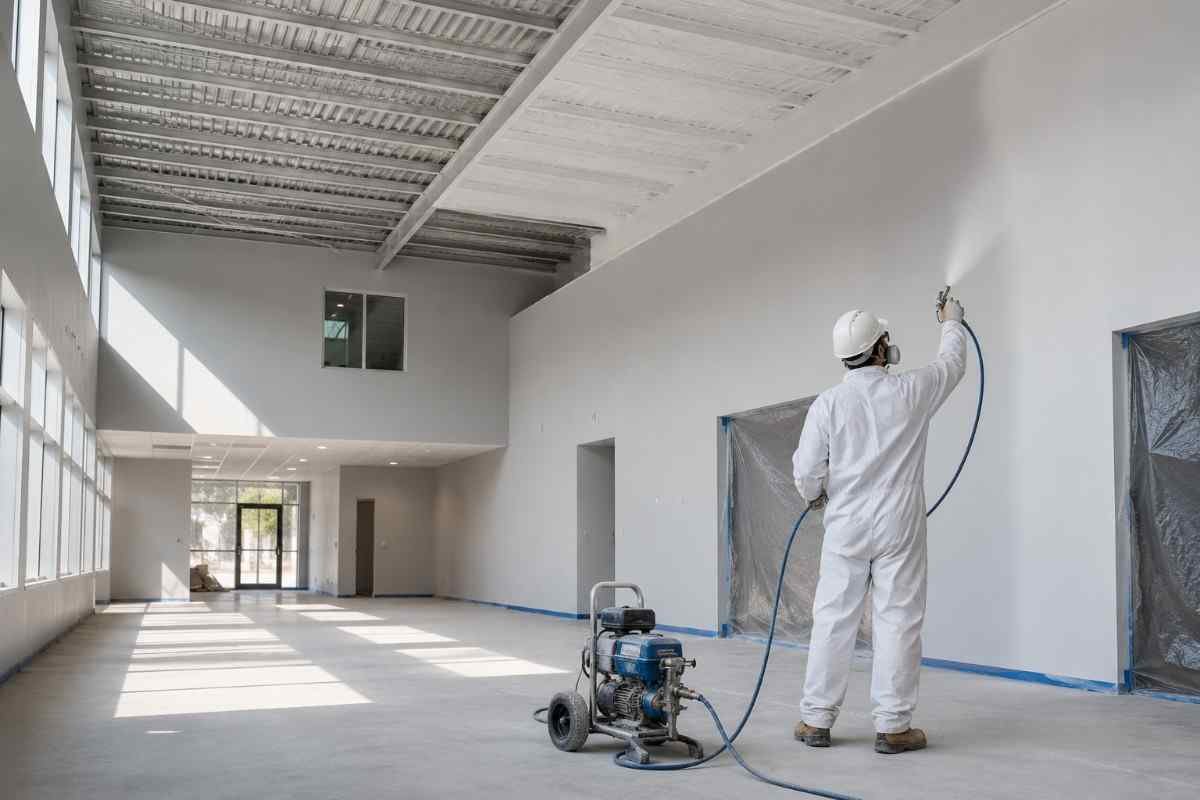 Airless spray painting applied to commercial walls and ceilings by Eagle Crest Painting