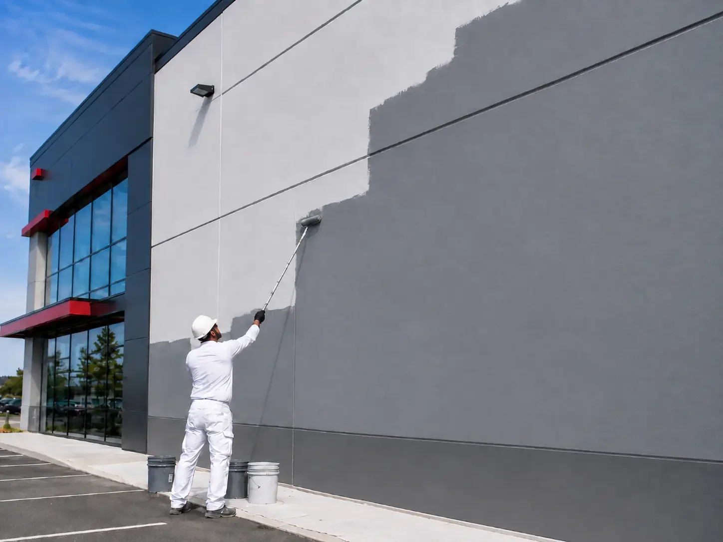 Professional commercial painter applying grey exterior paint to a large commercial building in Barrie Ontario
