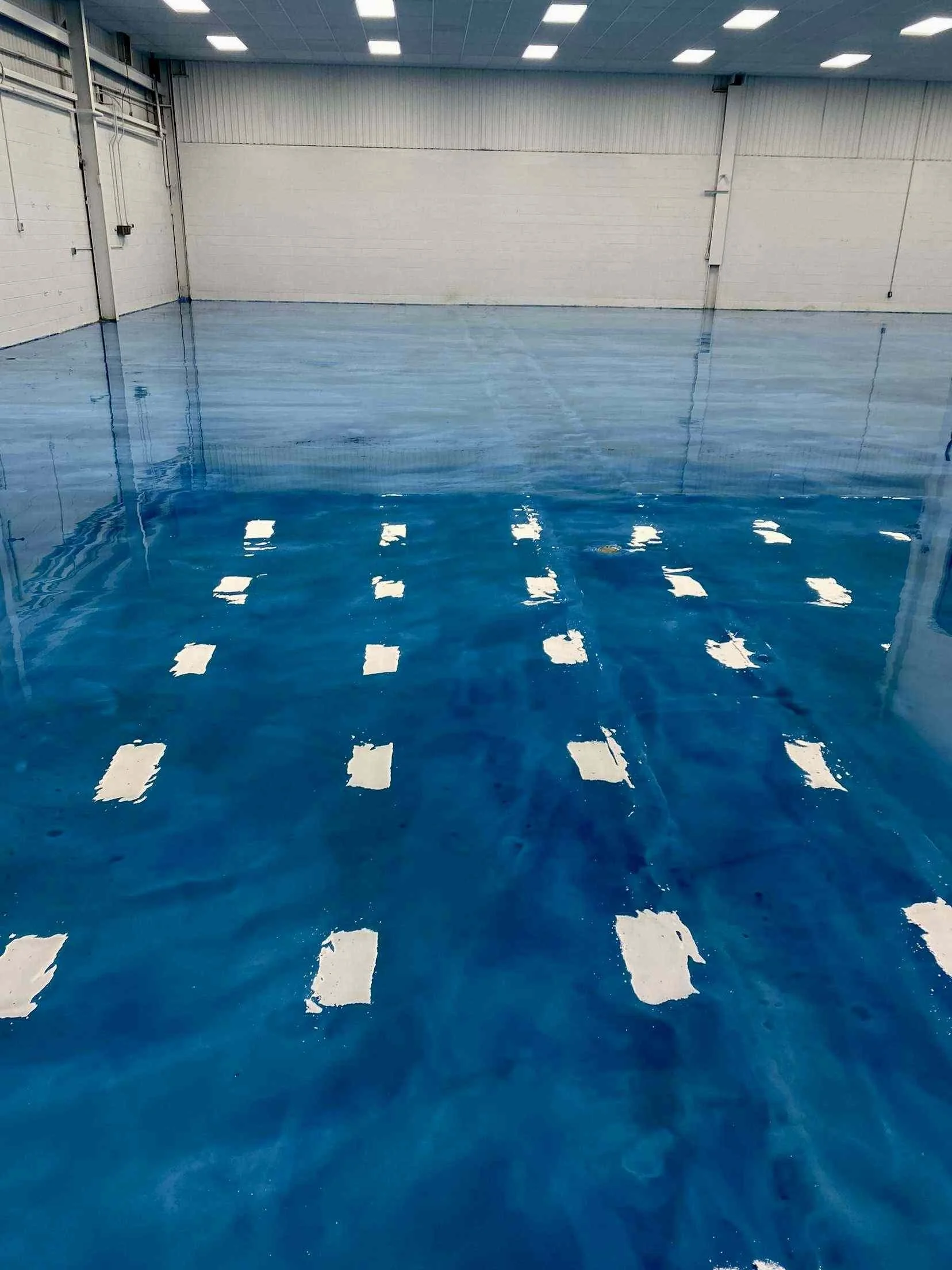Blue epoxy floor coating completed by Eagle Crest Painting