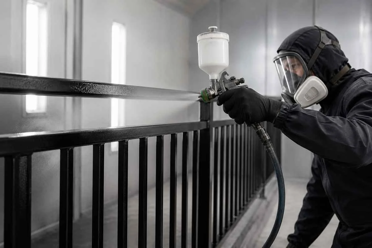 HVLP spray painting commercial railings and handrails in Central Ontario