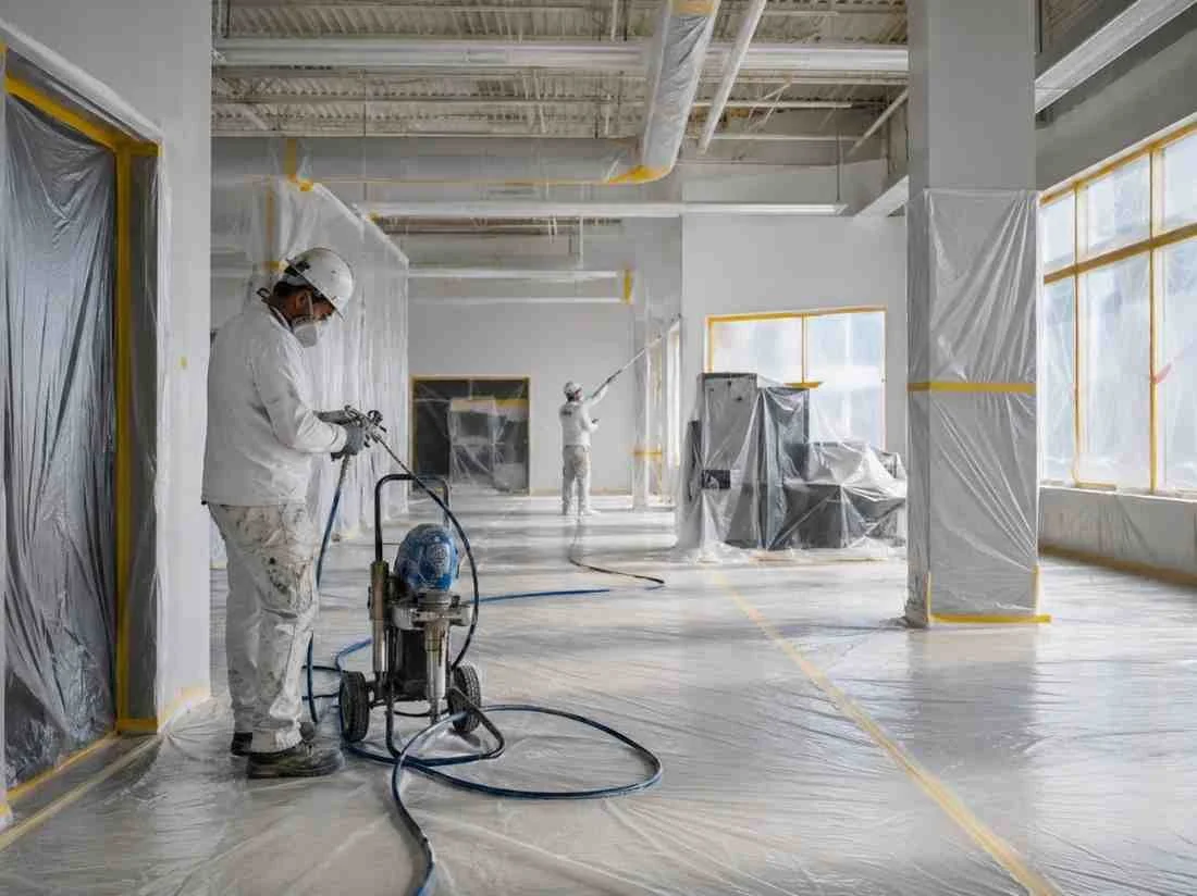 Commercial space professionally masked and protected before airless spray painting