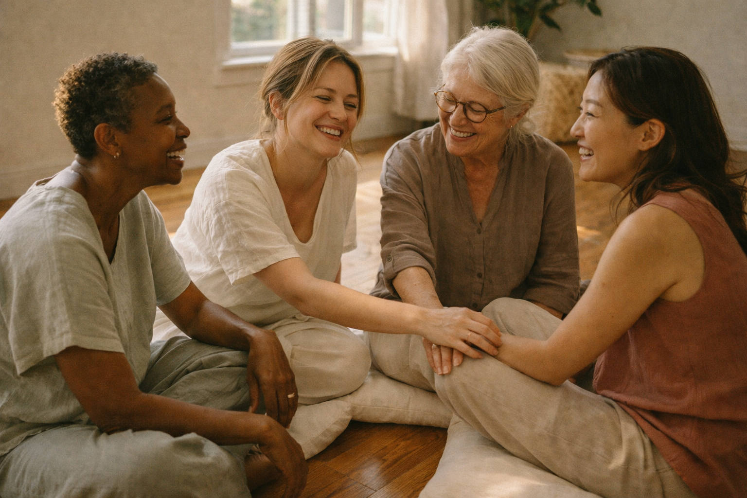 Circle of women laughing and connecting together at The Reset women's wellness retreat in Charlotte
