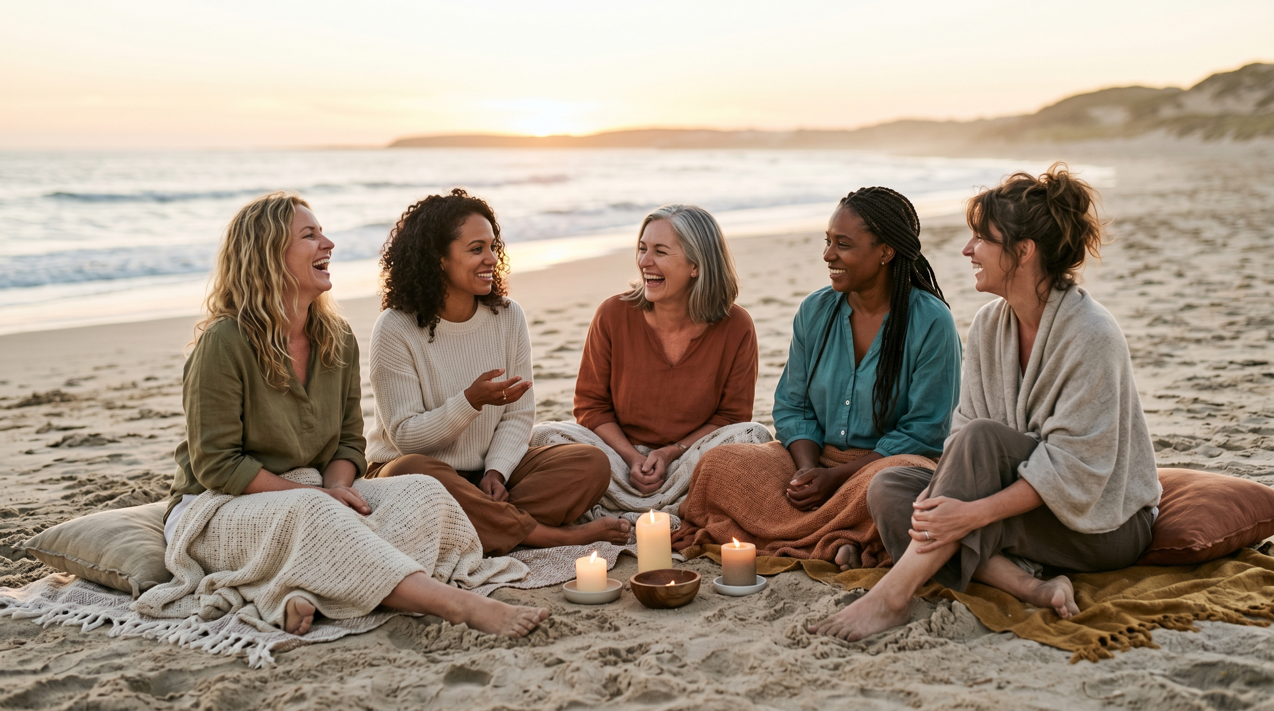 Circle of women connecting on the beach at The Way Home women's retreat, Isle of Palms SC