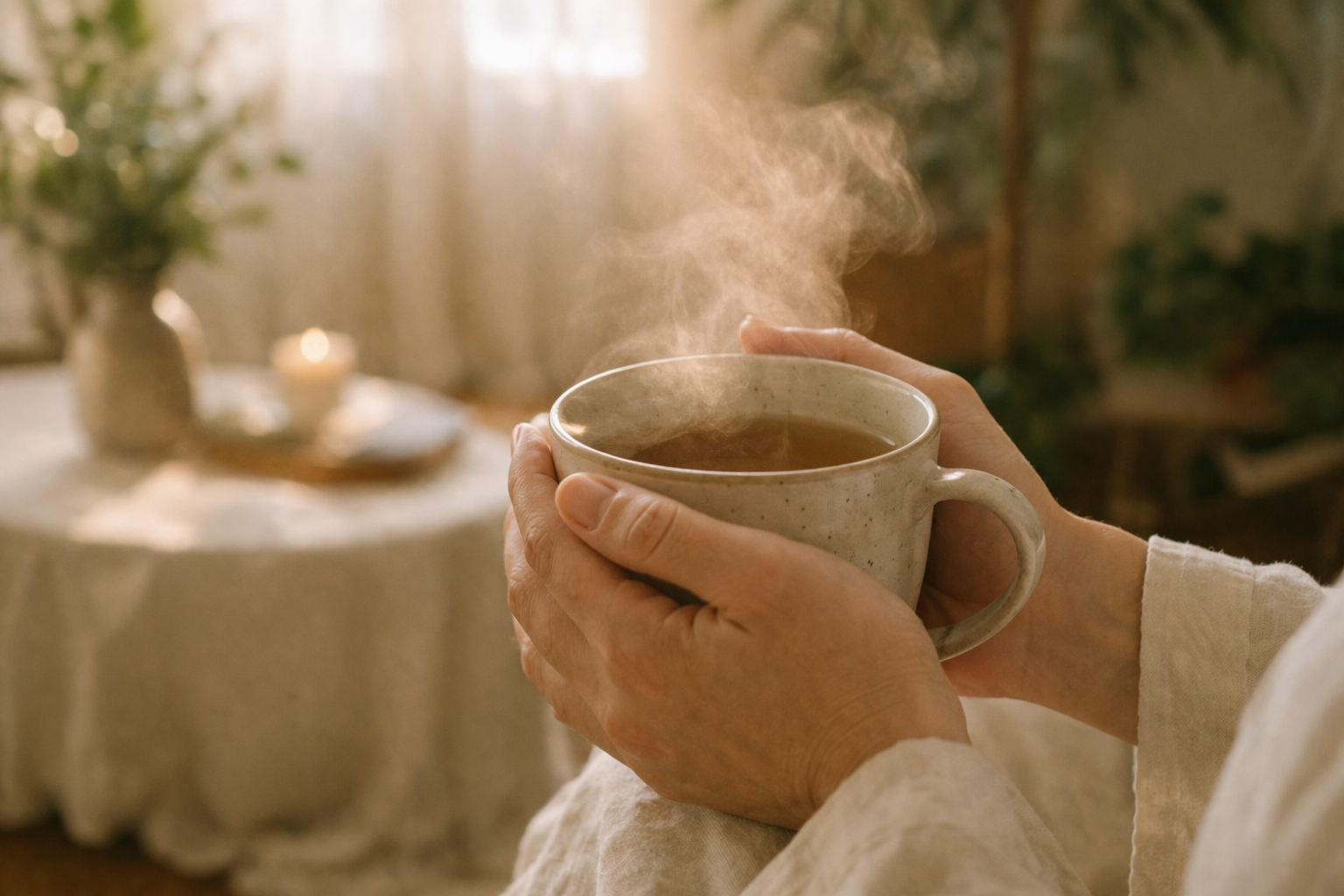 Hands cradling a warm herbal tea mug at the arrival of The Reset women's day retreat
