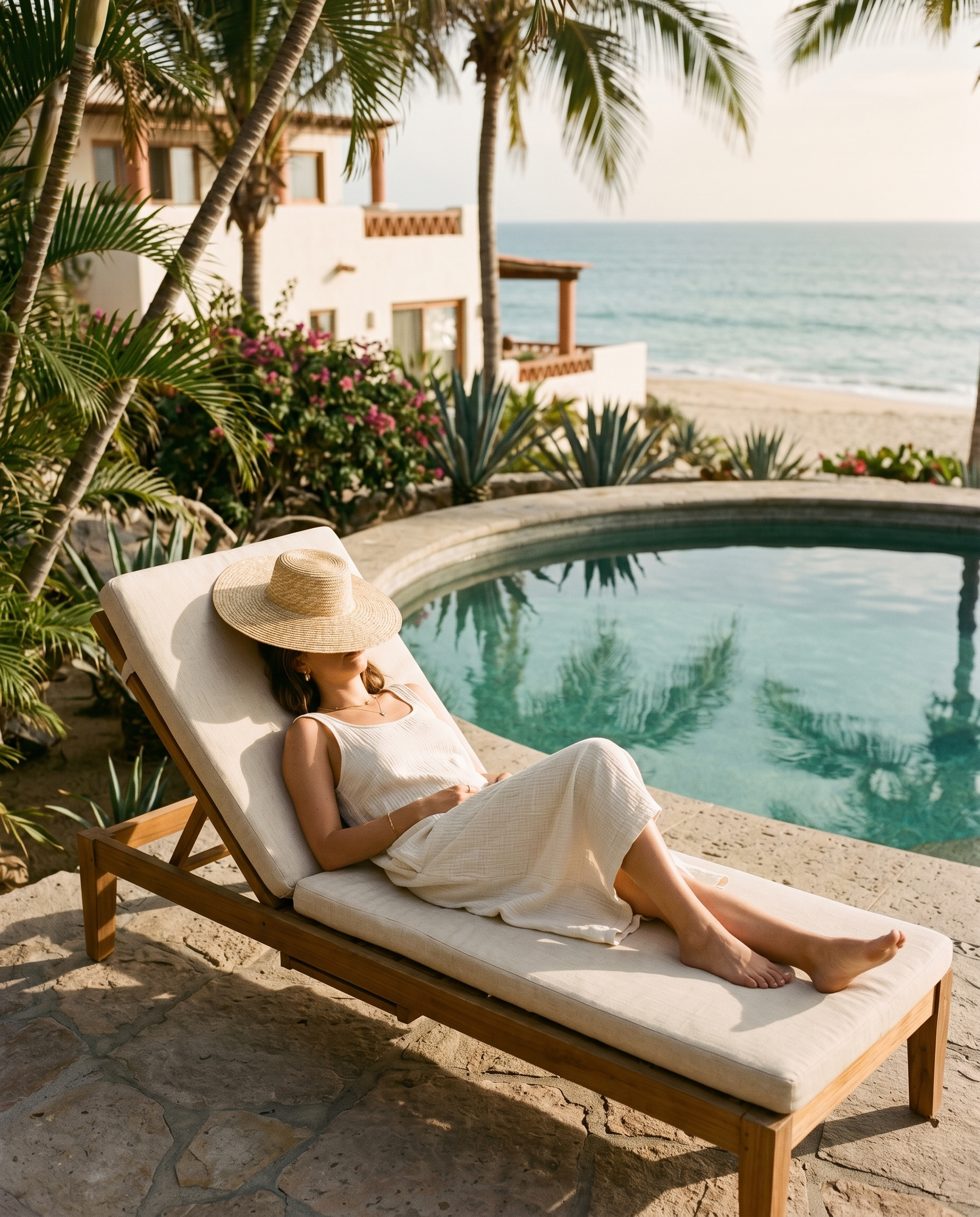 Woman resting poolside at The Way Home retreat beach house on Isle of Palms, SC
