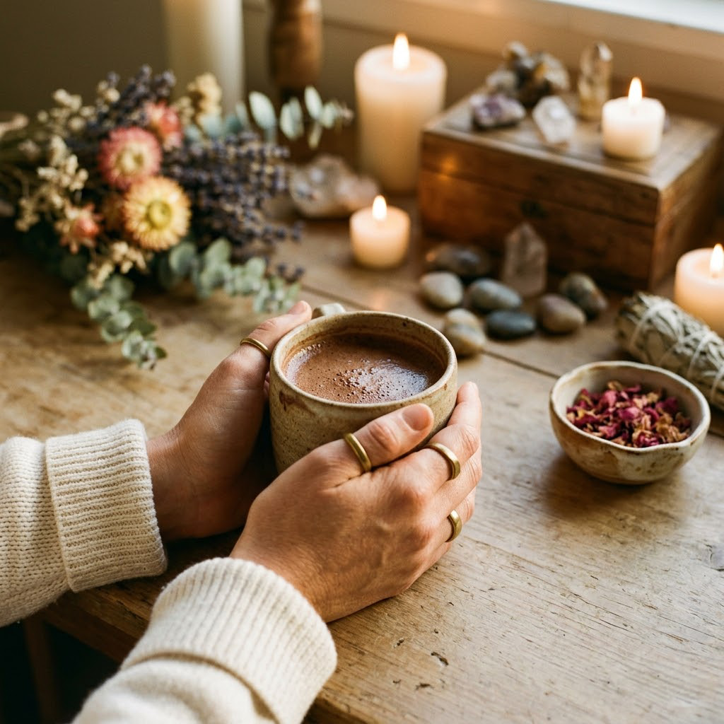 Hands cradling a mug during the Sacred Cacao Ceremony at The Way Home retreat