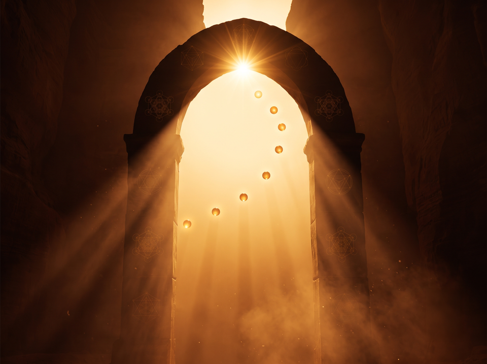 Six glowing golden orbs ascending through an archway of light toward a radiant sunburst, the six transmissions rising to the 8/8 peak