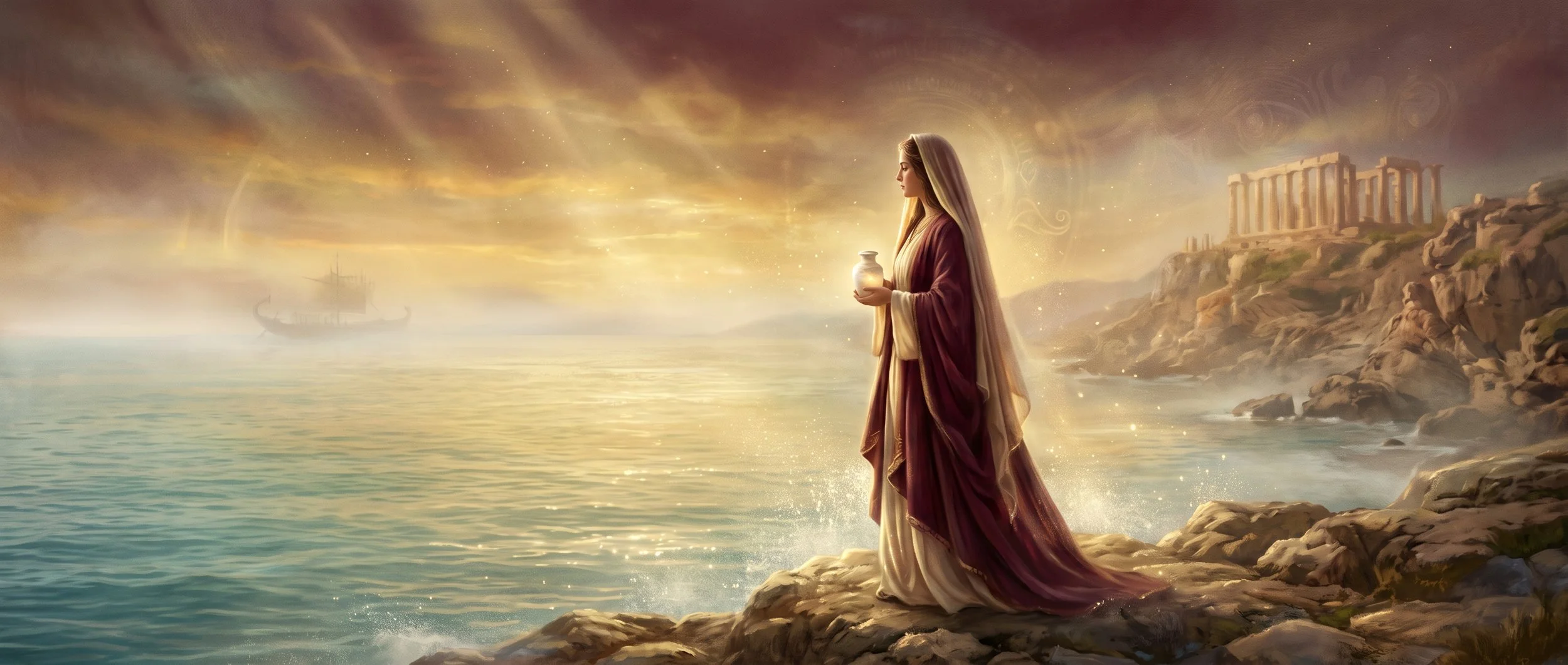 Mary Magdalene standing on a rocky shore at golden dawn