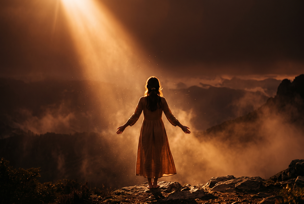 Figure standing in a beam of golden orange sunrise light against a deep warm dark background