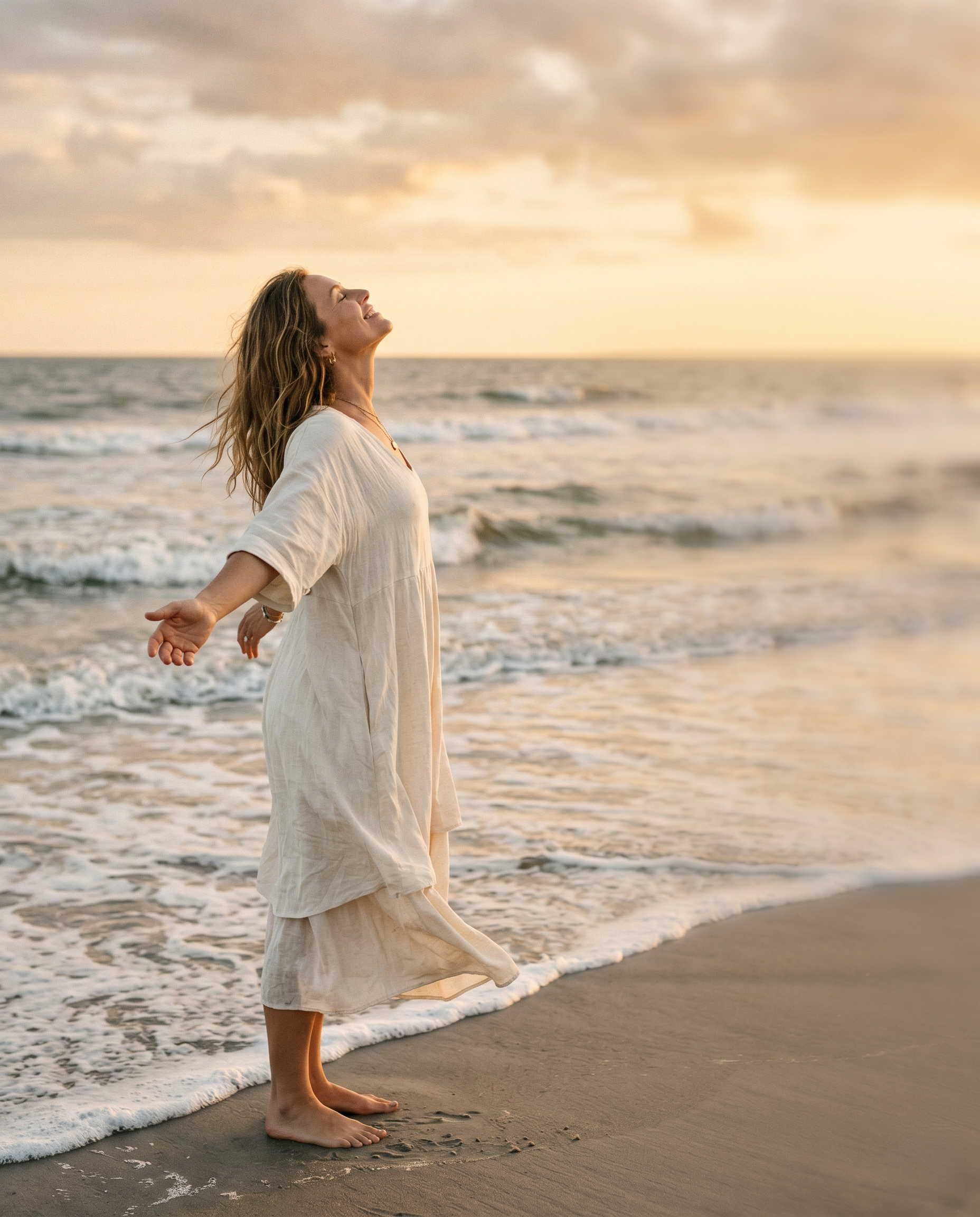 Woman at the ocean at golden hour at The Way Home women's retreat, Isle of Palms