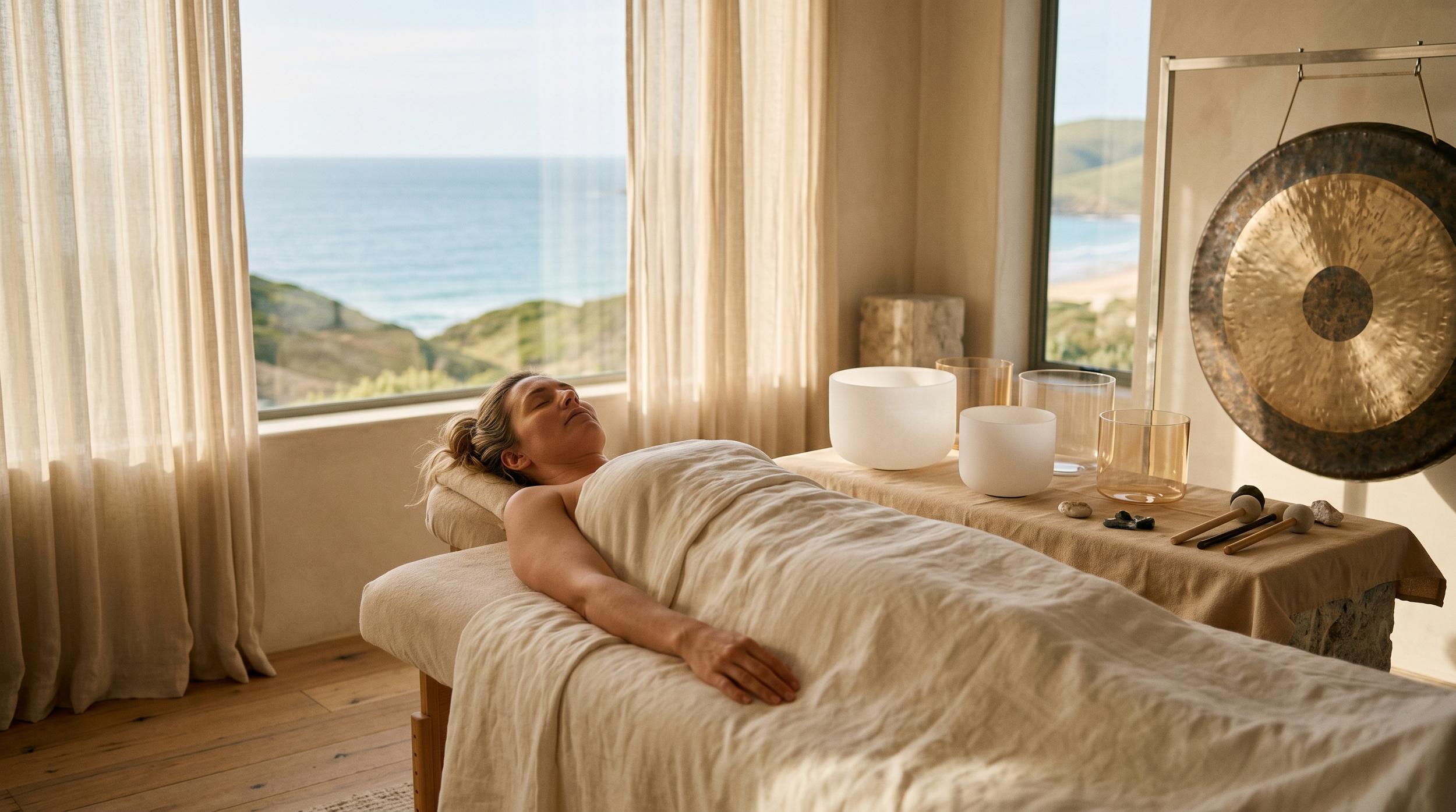 Sound healing journey with crystal singing bowls at The Way Home retreat, Isle of Palms
