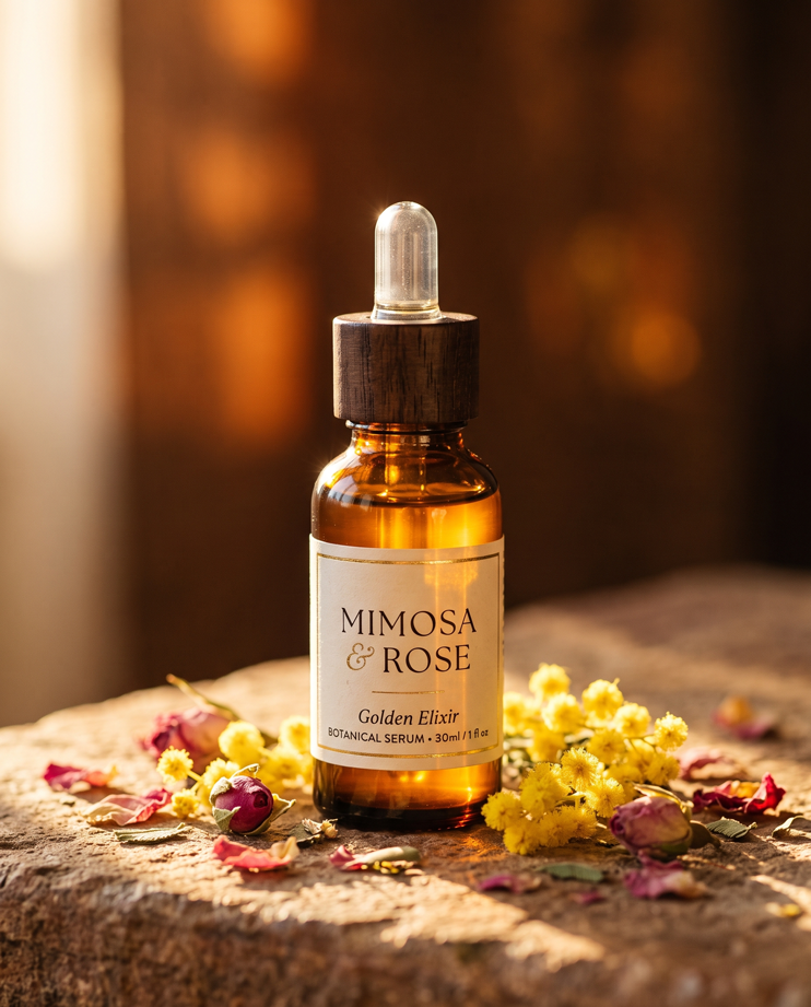 Sunshine in a Bottle handcrafted plant essence elixir in an amber glass bottle bathed in warm golden light