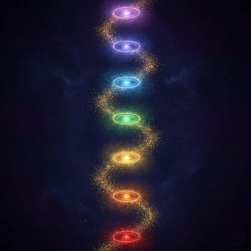 Ethereal vertical column of seven glowing chakra lights descending from violet crown to red root against a cosmic dark background