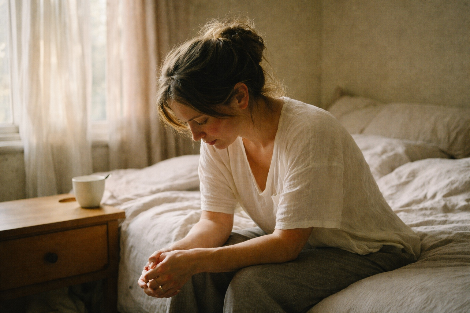 Exhausted woman sitting quietly on the edge of her bed &mdash; emotional weight of burnout