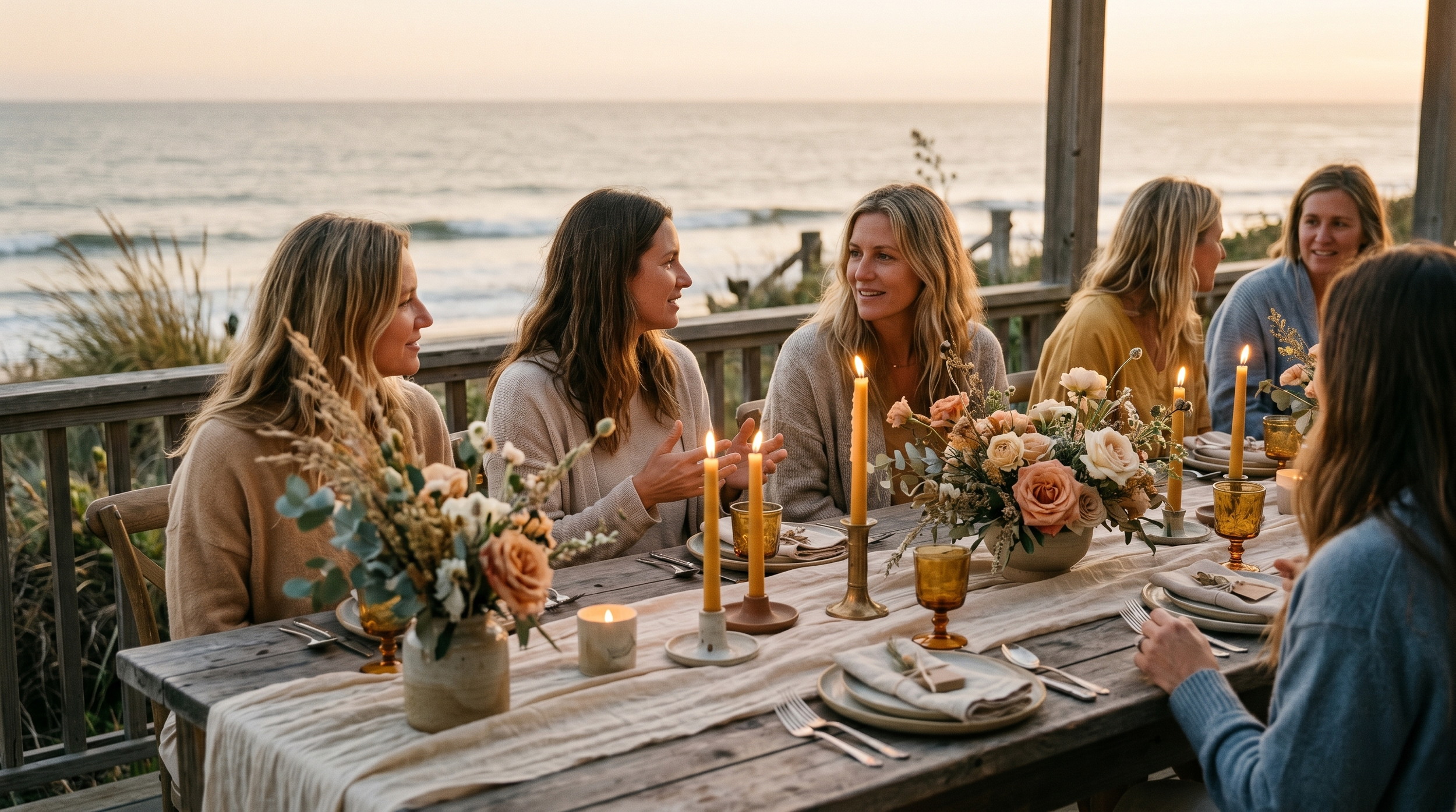Candlelit Ancestors Dinner ceremony on an oceanfront porch at The Way Home retreat