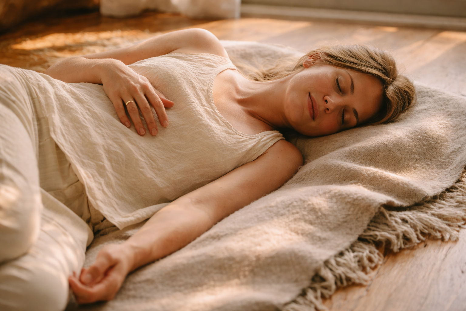 Woman resting on a wool blanket in warm sunlight &mdash; permission to rest and soften