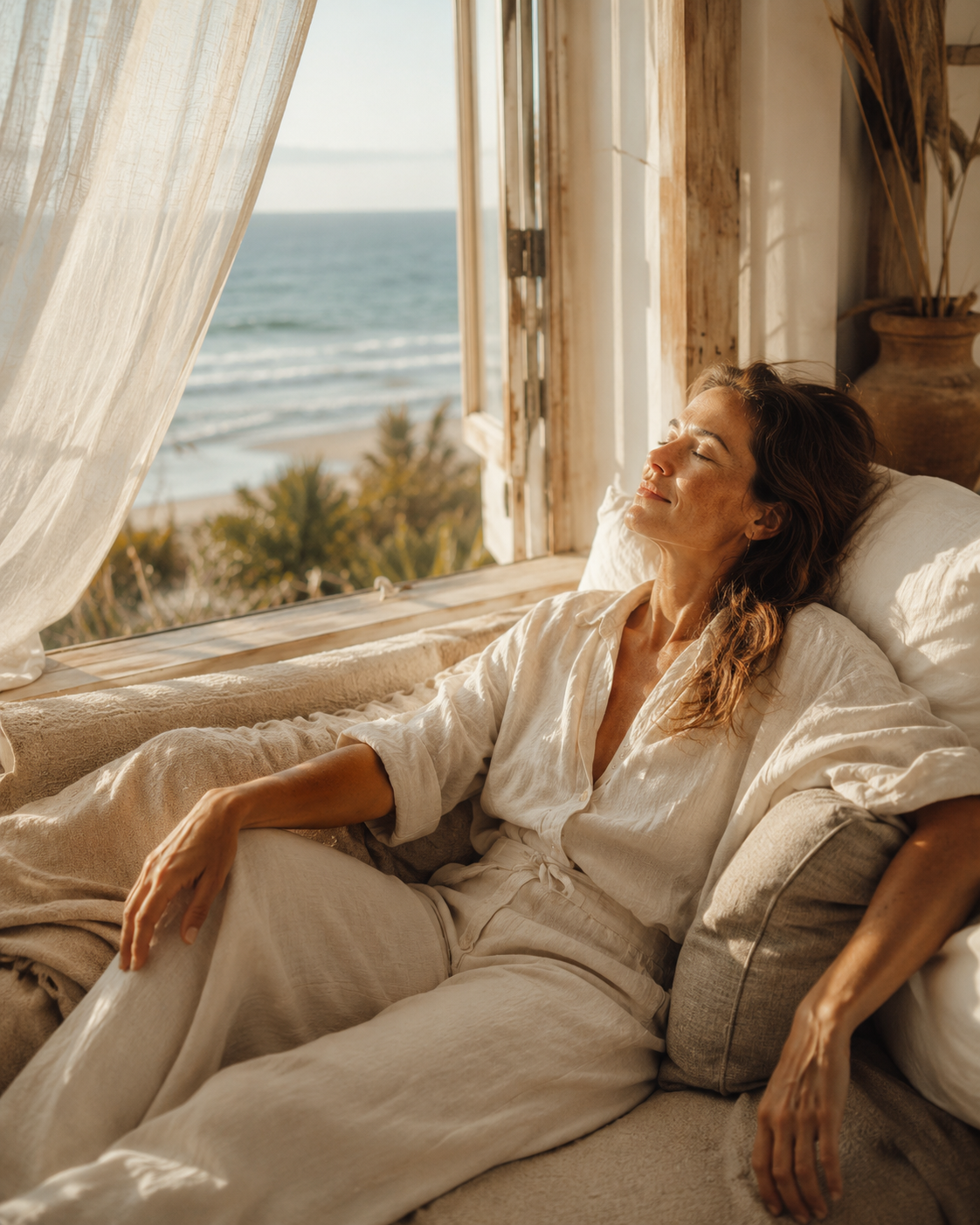 Woman resting in soft light at The Way Home women's retreat, Isle of Palms