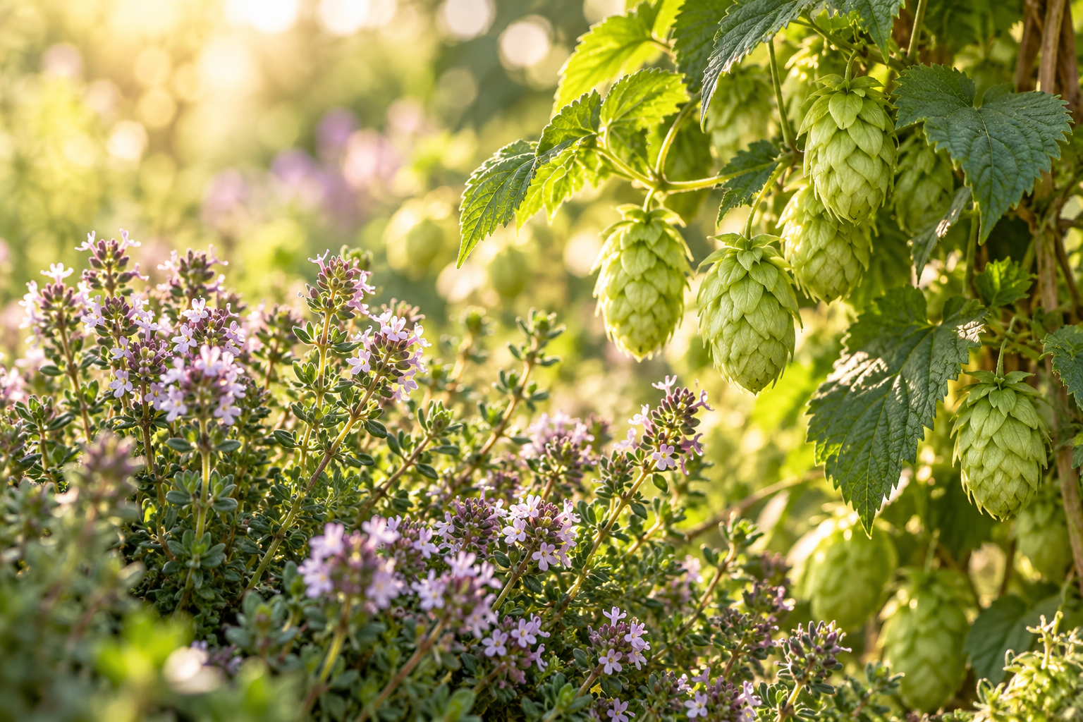 Sunlit herbs and hops