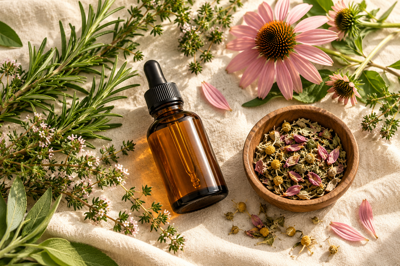 Botanical herbs and pink flowers