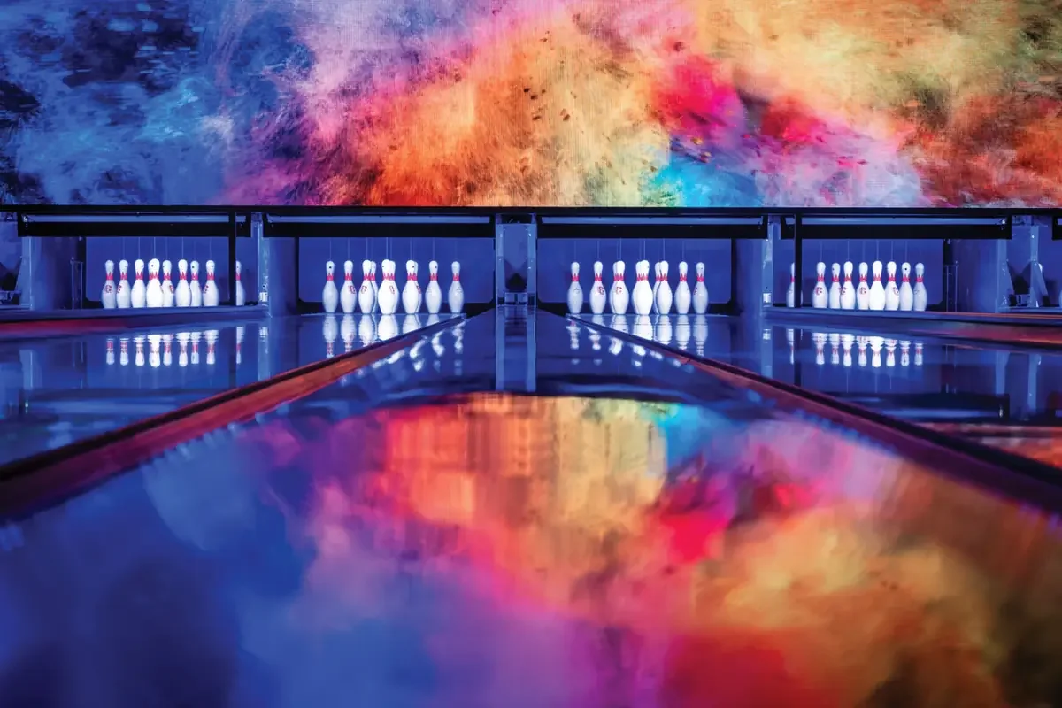 Colourful bowling lanes at Kingpins.
