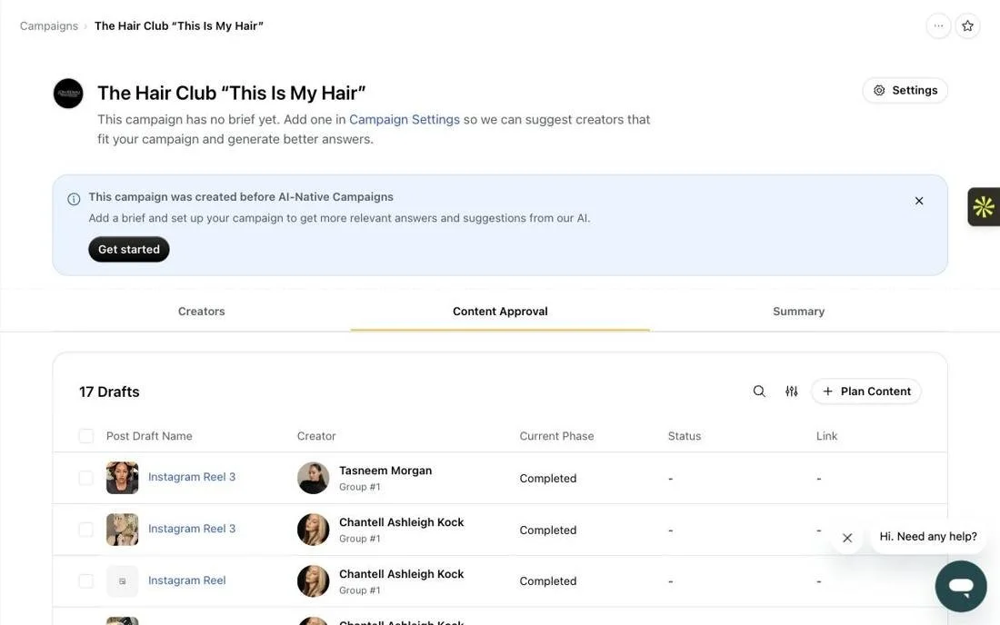 Sprout Social content approval board listing 17 post drafts with creator, current phase and status