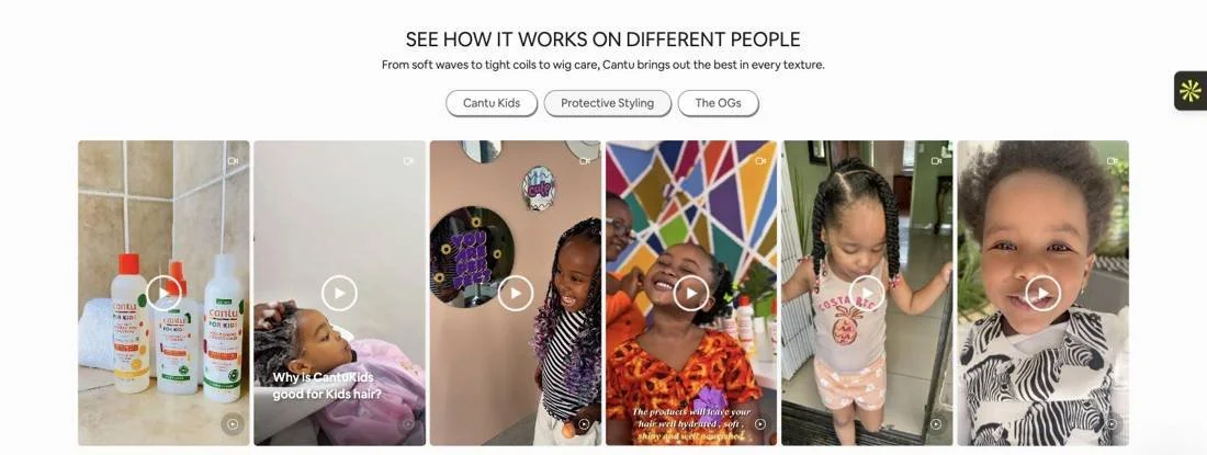 Social Hub section: See how it works on different people, with Cantu Kids, Protective Styling and The OGs tabs