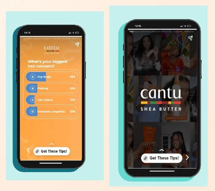 Narrative Stories interactive mobile ad units featuring Cantu, a hair-concern poll and a video story with Get These Tips call to action