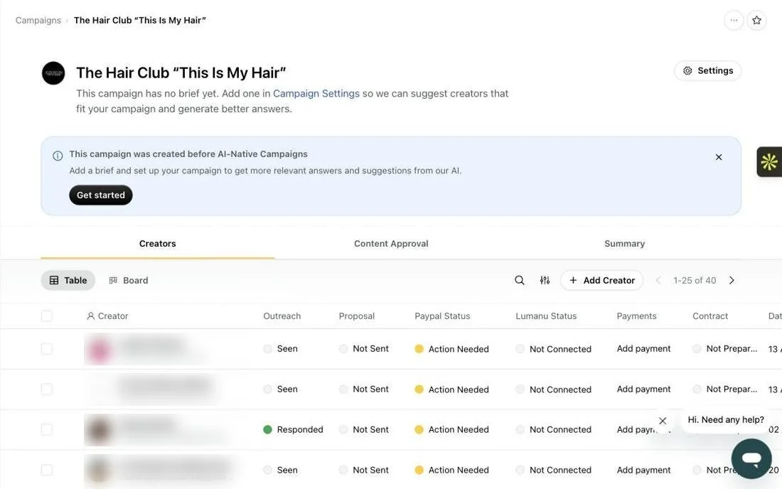 Sprout Social creator pipeline for the campaign: 40 creators with outreach, proposal, payment and contract status columns