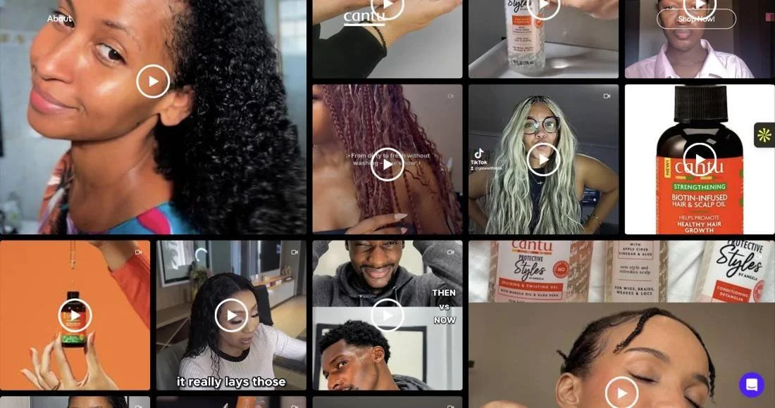 Cantu Beauty South Africa Social Hub on Sauce, a video wall of campaign creator content with a Shop Now button