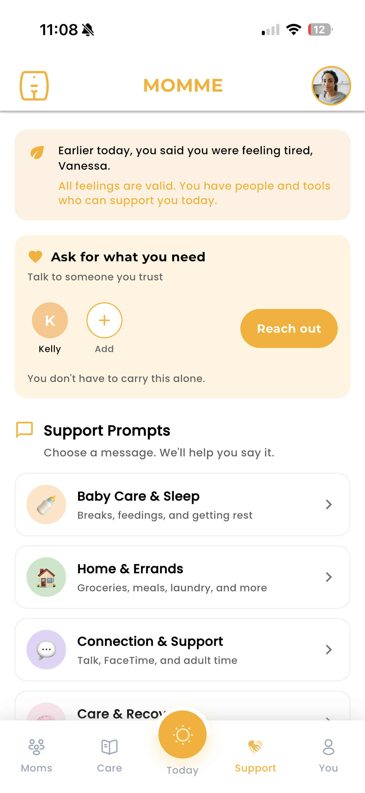 Momme personal support network and prompts to ask for help