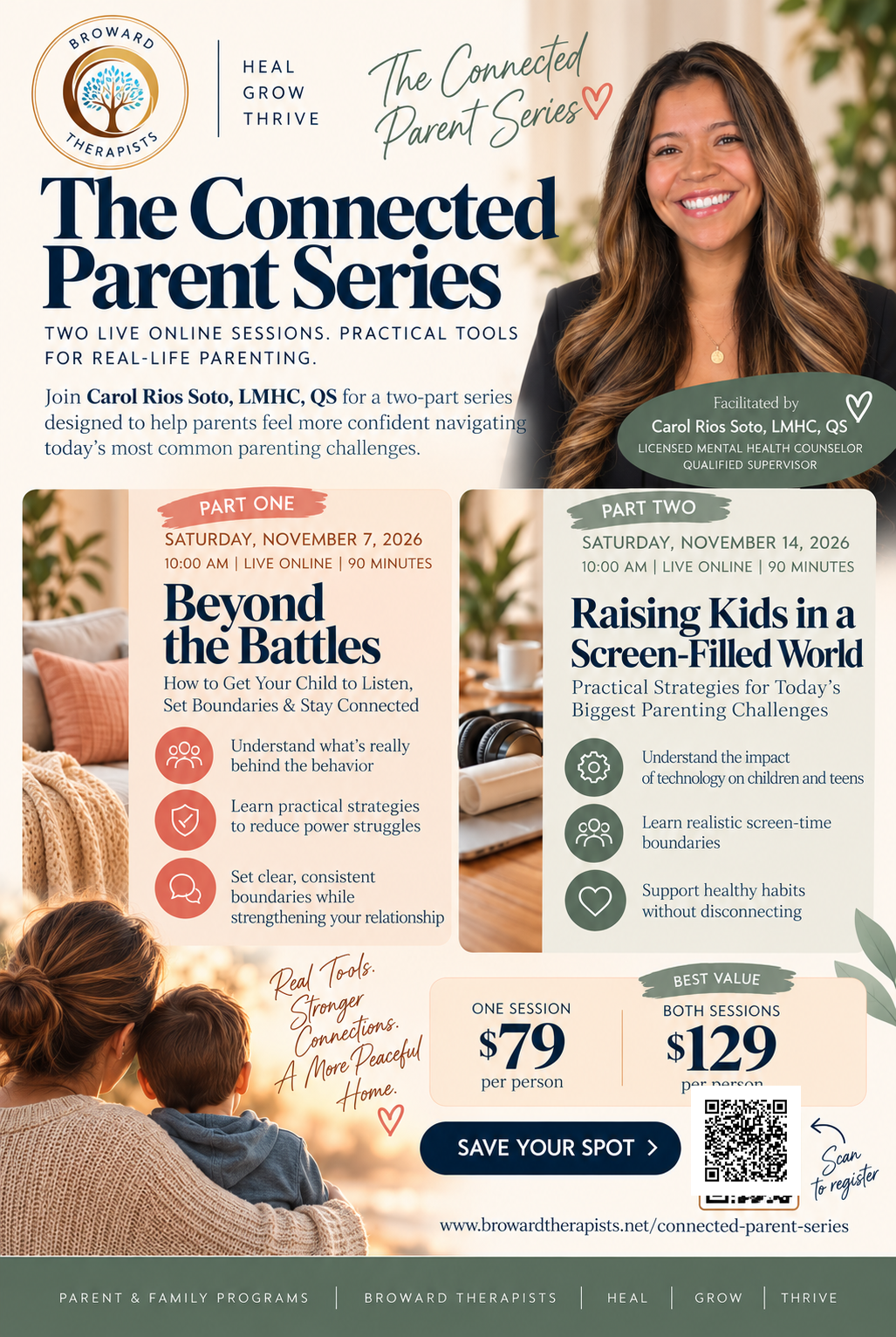 The Connected Parent Series flyer featuring Carol Rios Soto and the November 7 and 14 online workshops