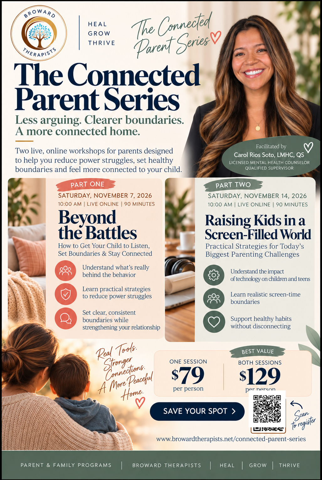 The Connected Parent Series flyer featuring Carol Rios Soto and the November 7 and 14 online workshops