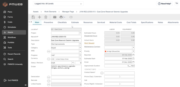 PMWeb Work Element Record showing the associated asset, scope and element details
