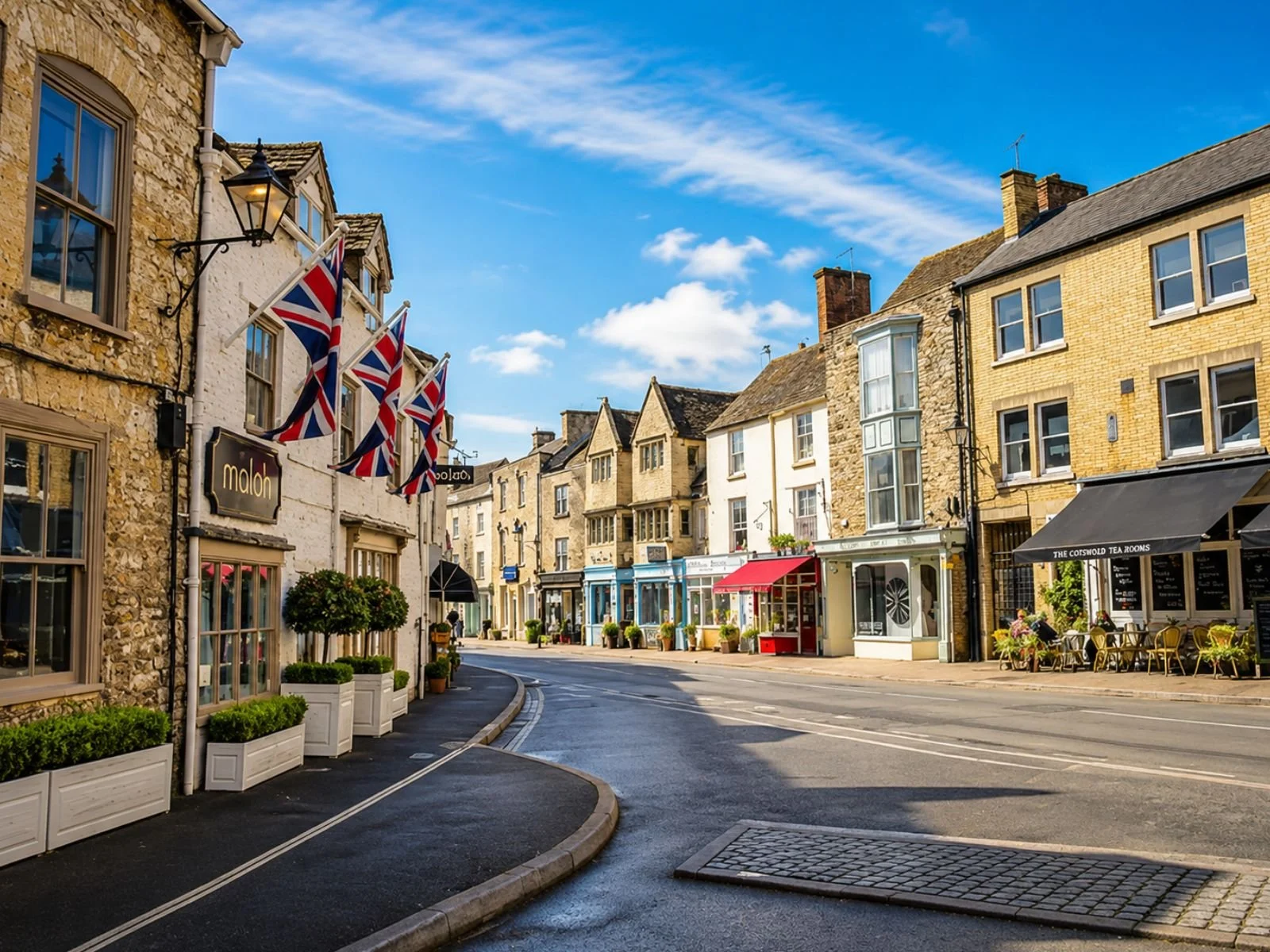 View along historic Tetbury featuring famous Cotswold stone architecture and historic market streetscape