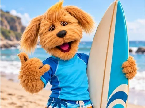 Gizmo with his surfboard
