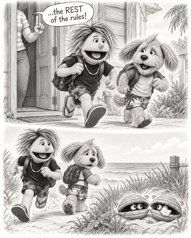 Pencil sketch of Max and Gizmo running to the beach
