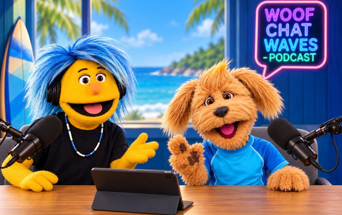 Gizmo and Messy hosting the Woof Chat Waves podcast