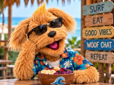 Gizmo in sunglasses at the beach café