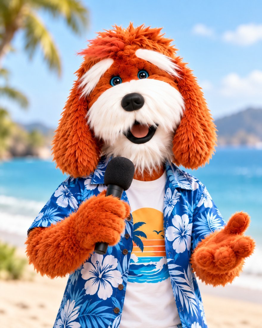 Mutt hosting with a microphone on the beach