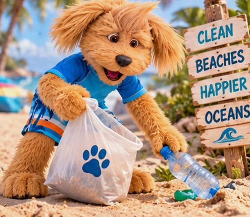 Gizmo cleaning up the beach