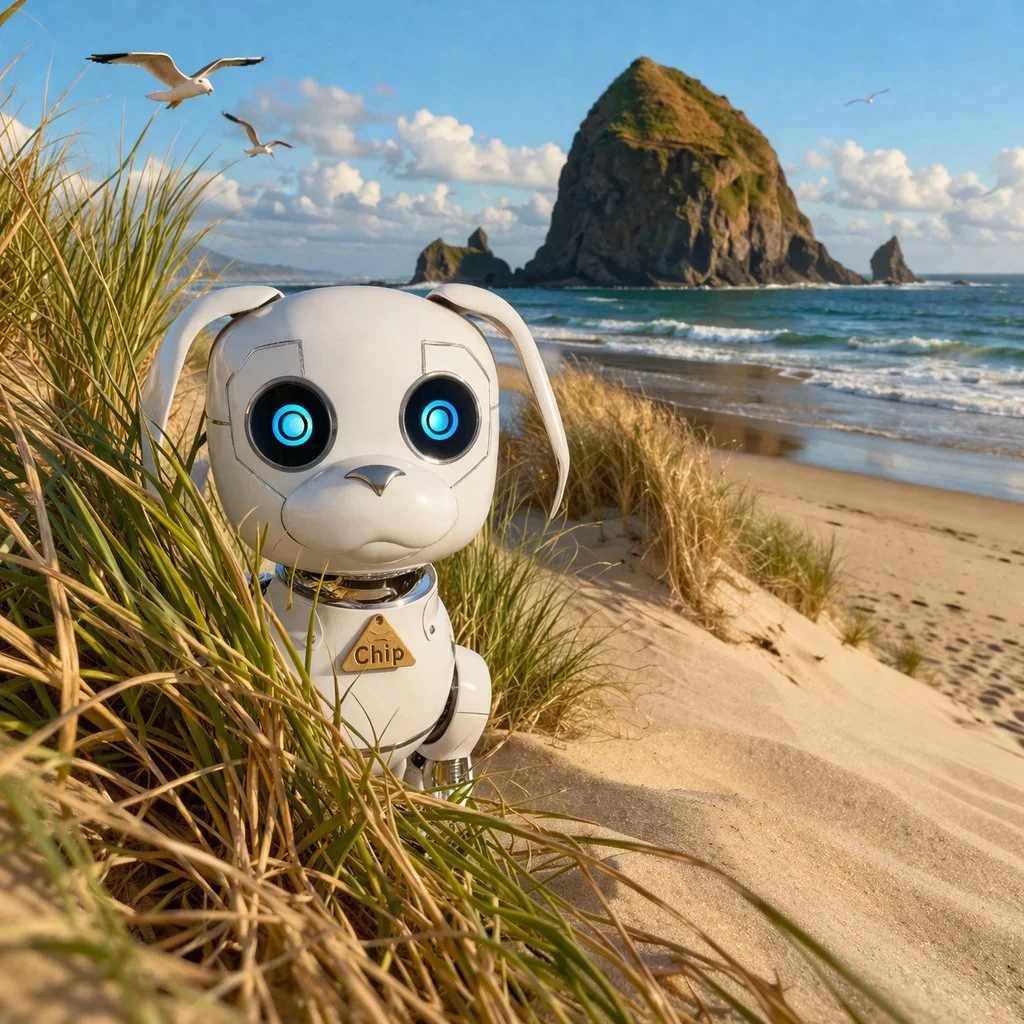 Chip the robot pup in the dune grass on Tide Rider Beach as seagulls fly overhead
