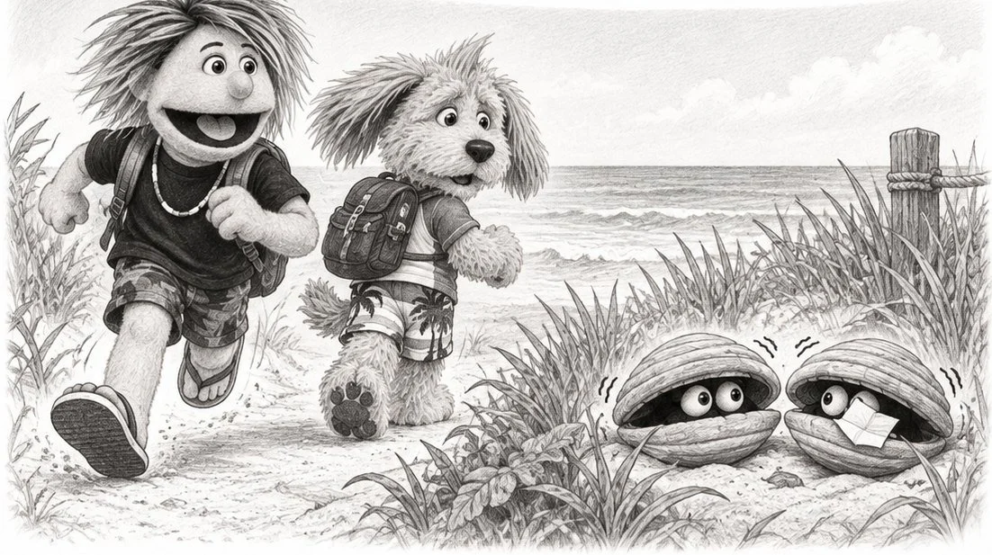 Pencil sketch of Max and Gizmo running to the beach as the clams peek out of the dune grass