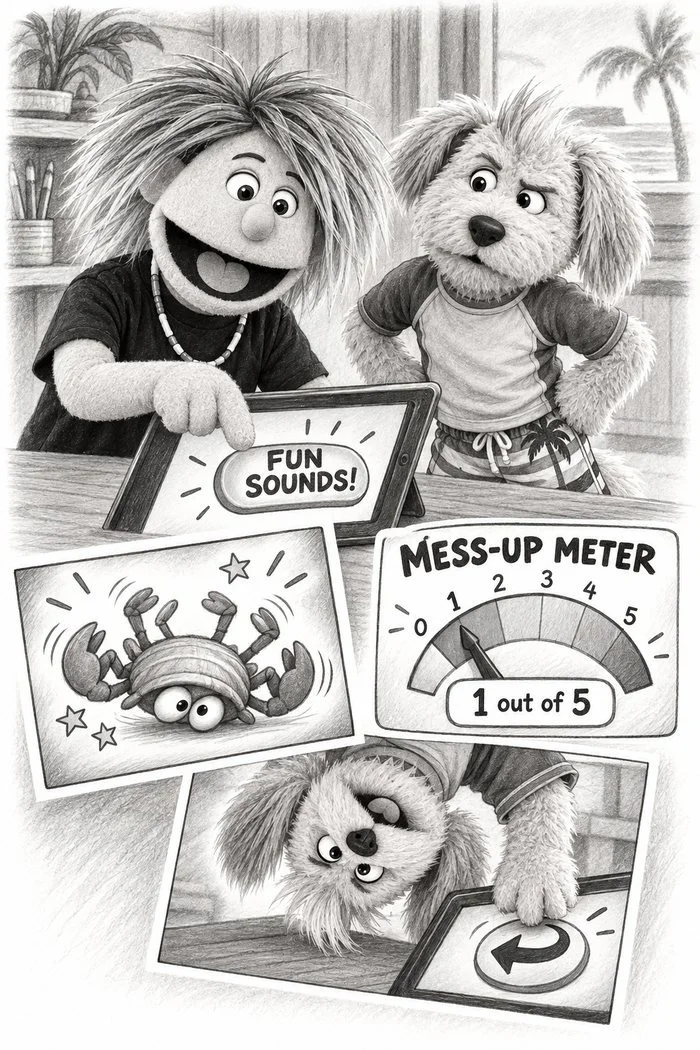 Pencil sketch of Max and Gizmo exploring a tablet