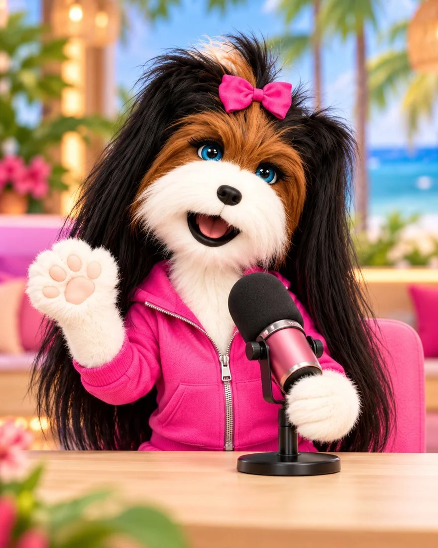 Hope waving at the podcast microphone