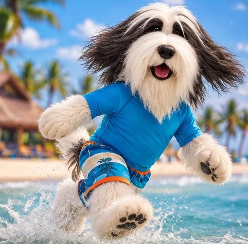 Oliver Superbeardy running through the waves in his rash guard