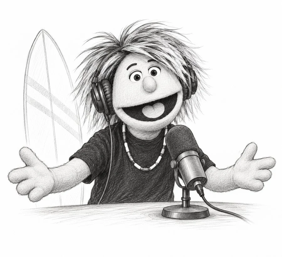 Pencil sketch of Max welcoming listeners at his podcast microphone